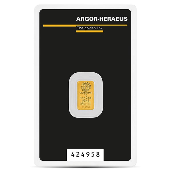 1 Gram Argor-Heraeus Kinebar Gold Bar, .9999 fine gold, Argor-Heraeus