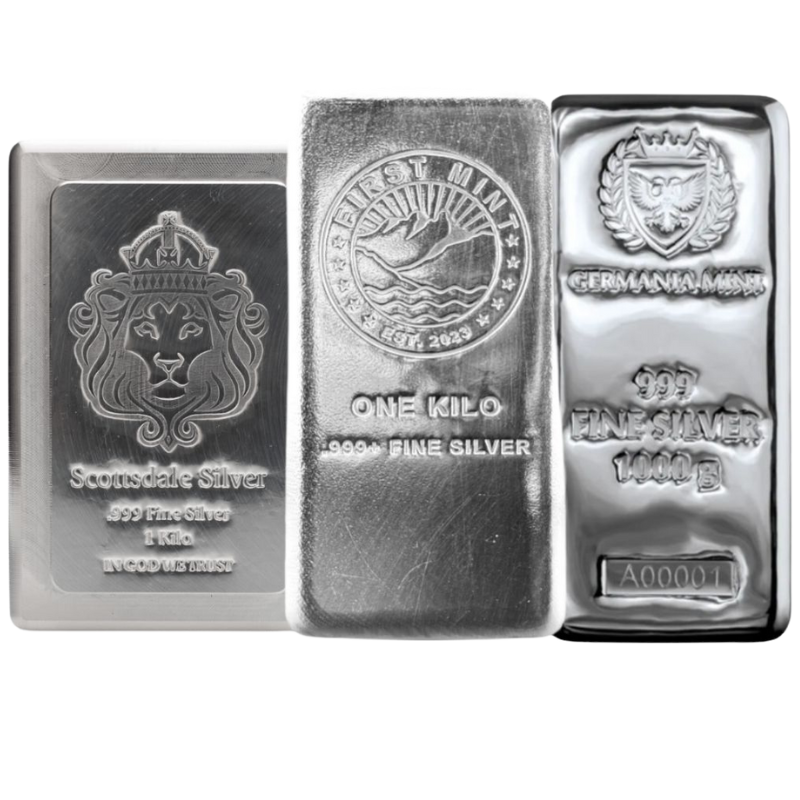 1 Kilo Silver Bar Random Brand, .999 or 0.9999 fine silver, Varies
