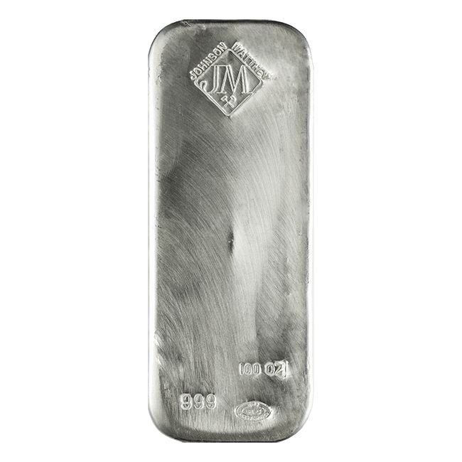 100 oz Johnson Matthey Silver Bar, .999 fine silver, Johnson Matthey